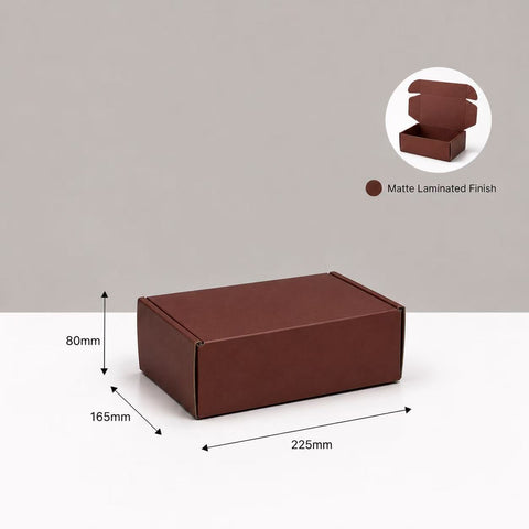 Brown box with dimensions and a matte laminated finish 